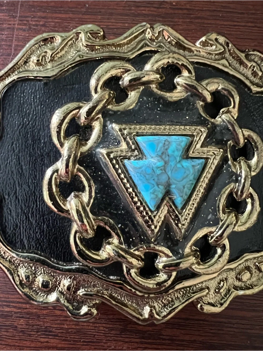 Vintage Southwestern Turquoise Inlay Belt Buckle Gold Tone - Western USA